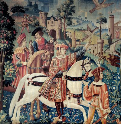 Mittelalter: der Beginn der Falkenjagd zu Pferd. Seiden- und Wolltapisserie aus dem frühen 16. Jahrhundert. Aus Hainaut. Paris, Nationalmuseum des Mittelalters, Thermes de Cluny von Belgian School