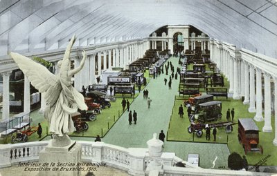Postkarte mit Kraftfahrzeugen im britischen Abschnitt der Weltausstellung in Brüssel 1910 von Belgian School