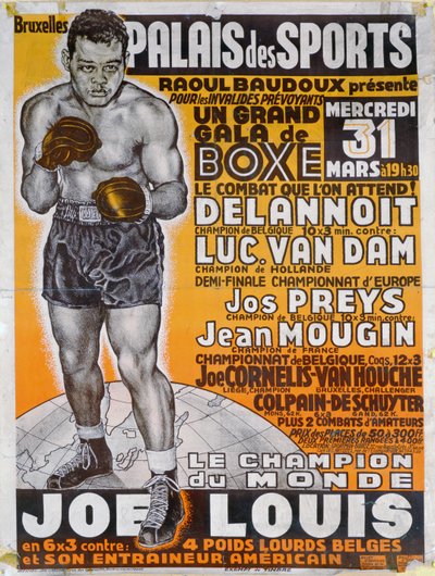 Plakat, das den Boxkampf zwischen dem belgischen Champion Delannoit und dem niederländischen Champion Luc Van Dam bewirbt von Belgian School