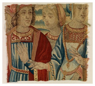 Wandteppichfragment, das einen Mann und zwei Frauen darstellt, möglicherweise in Brüssel, Belgien, Anfang des 16. Jahrhunderts (Wolle & Seide) von Belgian School