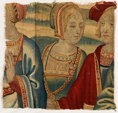 Wandteppichfragment, das einen Mann und eine Frau darstellt, möglicherweise in Brüssel, Belgien, frühes 16. Jahrhundert von Belgian School