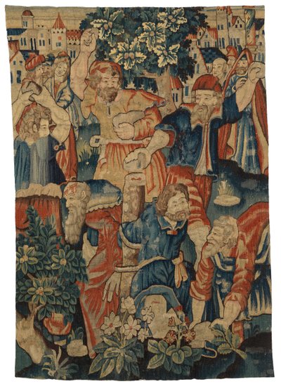 Wandteppichfragment, das die Steinigung der Ältesten darstellt, möglicherweise in Brüssel, Belgien hergestellt von Belgian School