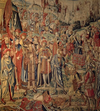Tapisserie von David und Bathseba: die Waffen von Joab. Tapisserie nach einer Zeichnung von Jan Van Roome, hergestellt in den Werkstätten von Brüssel. 16. Jahrhundert von Belgian School