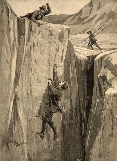 Ein Tourist hängt in einer Gletscherspalte in den Alpen, aus 