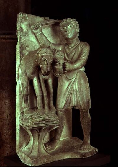 Weizen dreschen: Juli aus einem statuarischen Kalender der Arbeiten der Monate, ca. 1200 von Benedetto Antelami