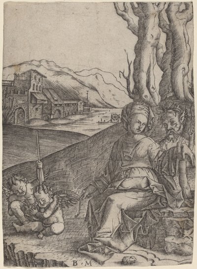Frau und Satyr mit zwei Cupidos von Benedetto Montagna
