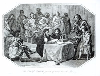 Der Earl of Pembroke stellt Heinrich III. (1207-72) den Baronen vor, 1216, graviert von Saunders von Benezach
