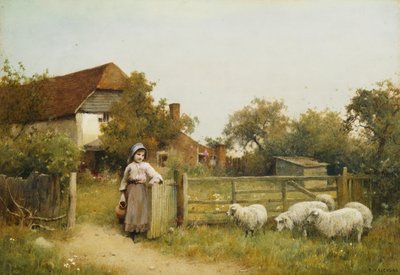 Junges Mädchen mit Schafen, bei einem Cottage von Benjamin D. Sigmund