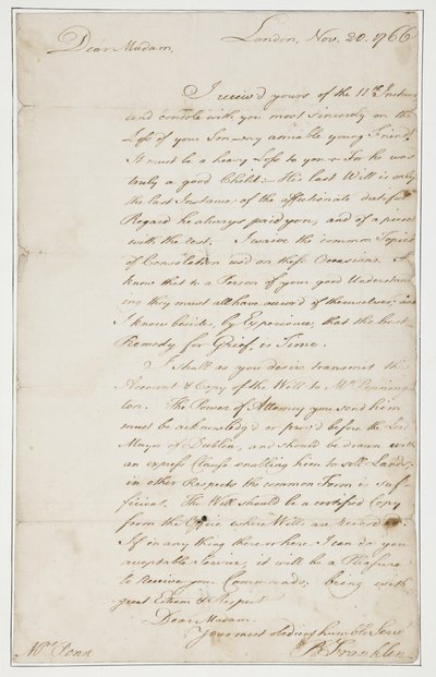 Autographenbrief an Mrs. Ann Penn, London, 20. November 1766 von Benjamin Franklin