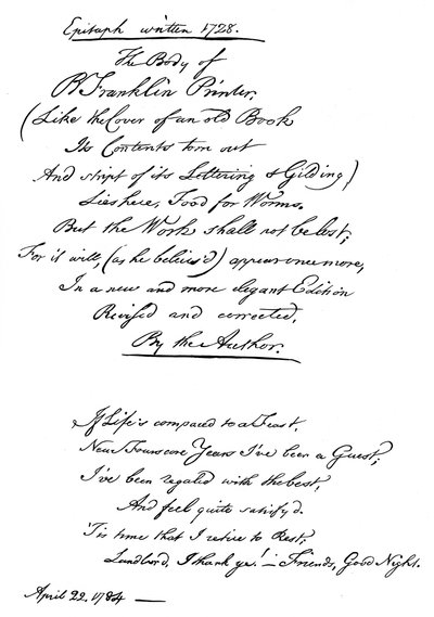 Benjamin Franklins Epitaph, von ihm selbst geschrieben, 1728 von Benjamin Franklin