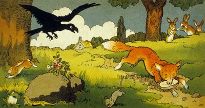 La Fontaines Fabel: Der Rabe und der Fuchs (Illustration 1949) von Benjamin Rabier