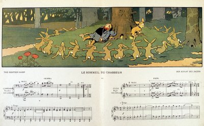 Der Schlaf des Jägers (Kaninchen um einen schlafenden Jäger) - in „Les images en musique“ von Jane Vieu, illustriert von Benjamin Rabier von Benjamin Rabier