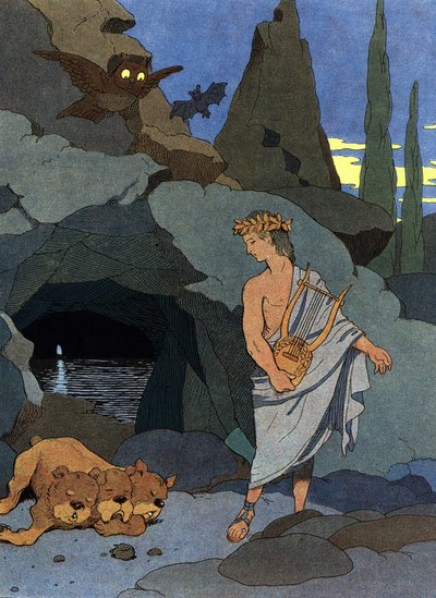 Orpheus und seine Leier versetzen den dreiköpfigen Hund Cerberus in Schlaf von Benjamin Rabier