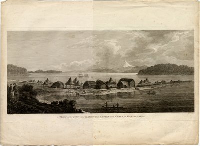 Ansicht der Stadt und des Hafens von Petropawlowsk-Kamtschatski aus der Reise zum Pazifischen Ozean von Benjamin Thomas Pouncey