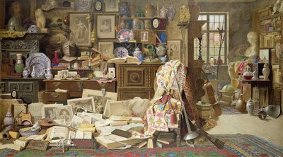 Rüstungen, Drucke, Bilder, Pfeifen, Porzellan (alles zerbrochen) Alte wackelige Tische und Stühle mit gebrochenen Rückenlehnen, 1882 von Benjamin Walter Spiers