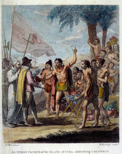 Ein indianischer Kazike von der Insel Kuba begrüßt Christoph Kolumbus und europäische Vertreter von Benjamin West