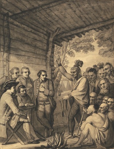 Die Indianer halten eine Rede vor Colonel Bouquet in einer Konferenz am Lagerfeuer in der Nähe seines Lagers am Ufer des Muskingum in Amerika, im Oktober 1764, 1765 von Benjamin West