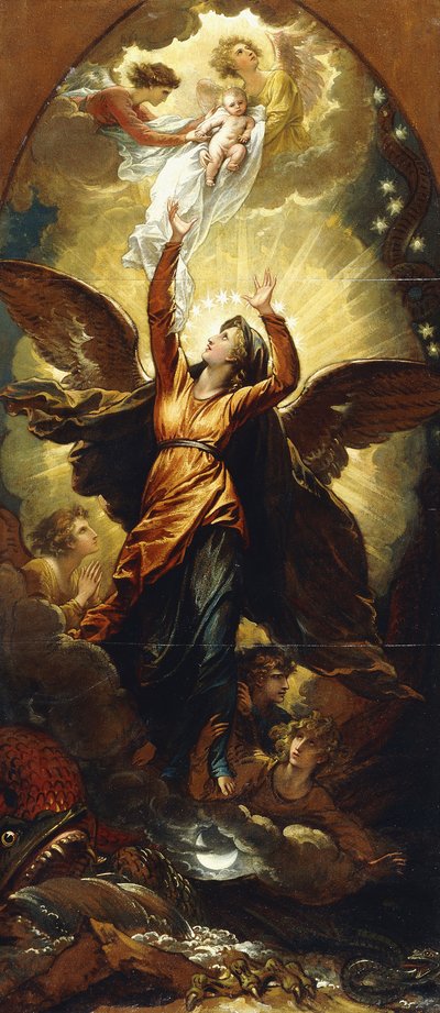 Die Frau, bekleidet mit der Sonne, flieht vor der Verfolgung des Drachen von Benjamin West