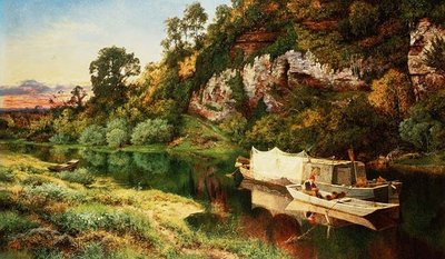Eine Flusslandschaft mit einem Fischer beim Bau von Aalreusen von Benjamin Williams Leader
