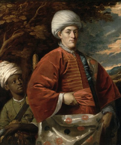 Porträt eines Gentlemans in orientalischer Kleidung mit einem orientalischen Pagen von Benjamin Wilson