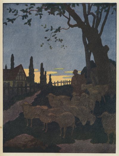 Schafherde unter einem Baum in der Dämmerung von Benjamin Rabier