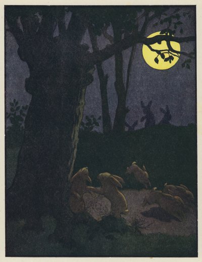 Kaninchen unter einem Baum in einer mondhellen Nacht von Benjamin Rabier