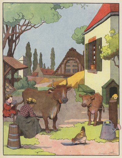 Frau melkt eine Kuh im Bauernhof von Benjamin Rabier