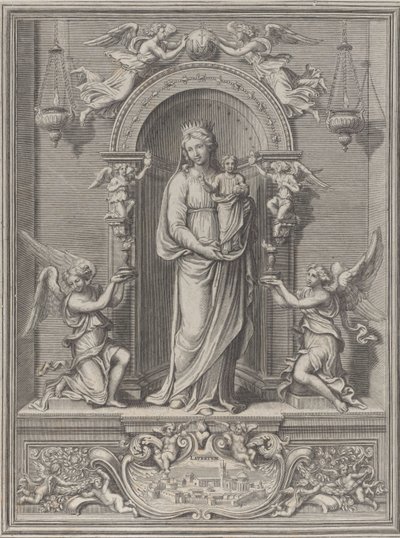 Madonna von Loreto, in einer Nische mit einem Engel auf jeder Seite von Benoît Farjat