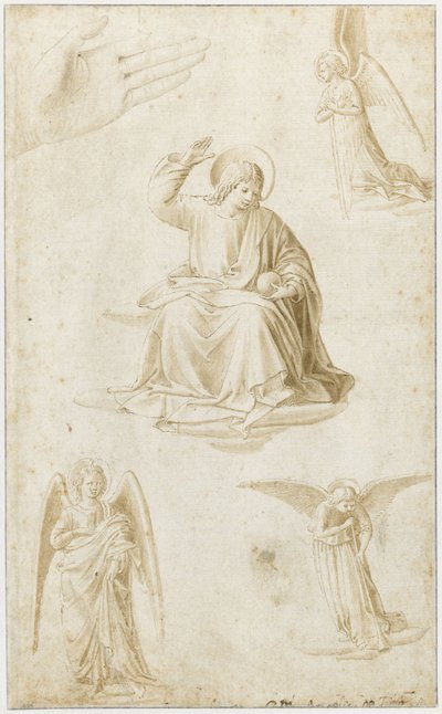 Studien einer Hand, drei Engel und Christus als Salvator Mundi, zweite Hälfte des 15. Jahrhunderts von Benozzo Gozzoli