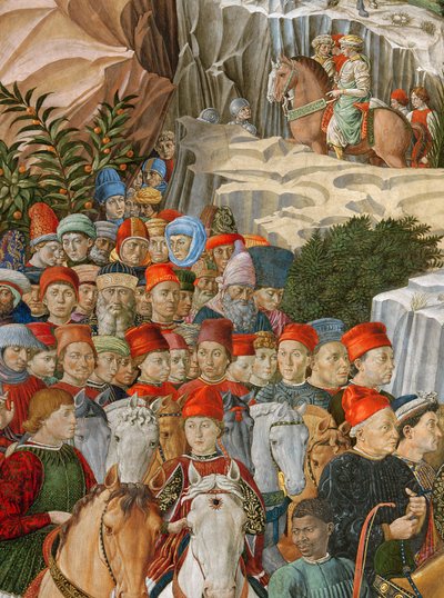 Gesichter in der Prozession, einschließlich eines Selbstporträts von Gozzoli (trägt eine rote Kappe mit der goldenen Inschrift: Opus Benotii), (Detail) von Benozzo di Lese di Sandro Gozzoli