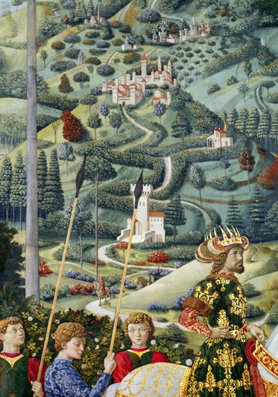 Fantastische Landschaft, Detail aus dem Zyklus der Reise der Heiligen Drei Könige in der Kapelle, ca. 1460 von Benozzo di Lese di Sandro Gozzoli