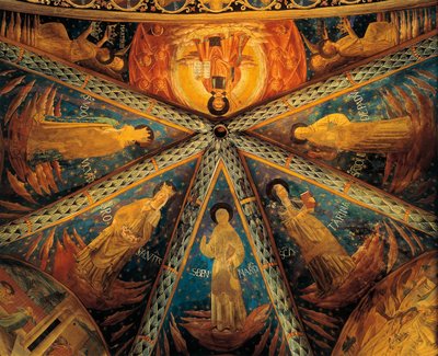 Montefalco, Gewölbe der Apsis der Kirche des Heiligen Franziskus mit Heiligen bemalt von Benozzo di Lese di Sandro Gozzoli
