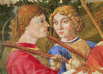 Prozession der Heiligen Drei Könige, Prozession angeführt von Lorenzo dem Prächtigen in der Gestalt des Magus Caspar (Detail) von Benozzo di Lese di Sandro Gozzoli