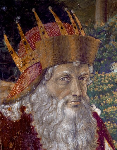 Die Reise der Heiligen Drei Könige. Prozession der Magier von Jerusalem nach Bethlehem, genannt „Viaggio dei Magi“ oder „Cavalcata dei Magi“ auf Italienisch. Detail, das Joseph Patriarch von Konstantinopel zwischen 1261 und 1276 darstellt. Fresko der Kapel von Benozzo di Lese di Sandro Gozzoli