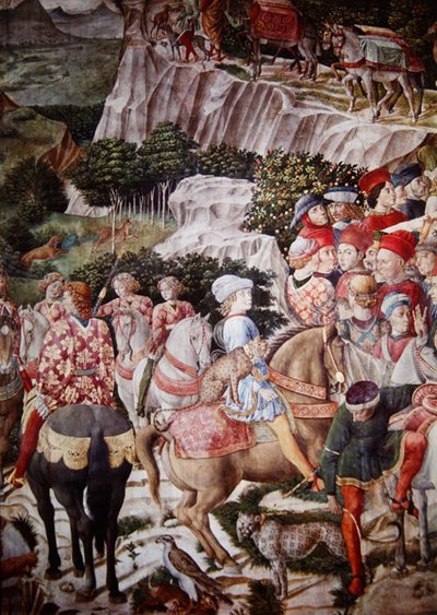 Die Prozession der Könige, Detail des Ritters mit einem Leoparden in der Prozession von Melchior, ca. 1460 (Detail) von Benozzo di Lese di Sandro Gozzoli