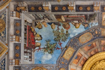 Eine Katze, Musikinstrumente und männliche und weibliche Figuren (Detail) von Benvenuto Tisi da Garofalo