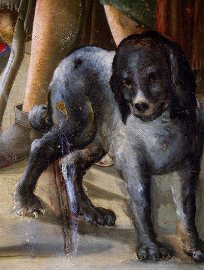 Hund, Detail aus der Geburt Jesu, ca. 1470, Gemälde von Benvenuto di Giovanni von Benvenuto di Giovanni