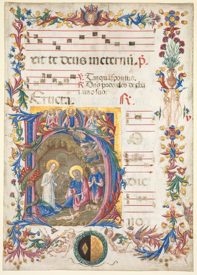 Einzelblatt aus einem Antiphonar: Initiale H[odie nobis] mit der Geburt Christi, 1471 von Benvenuto di Giovanni