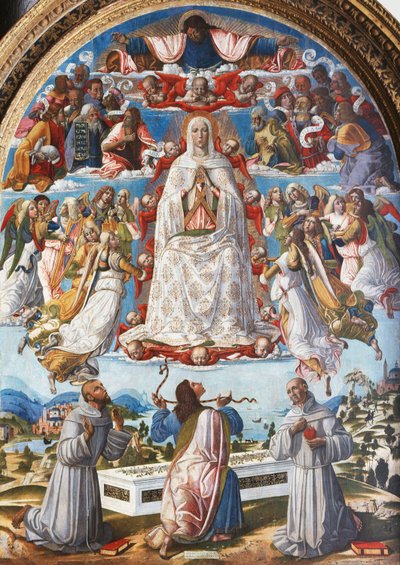 Mariä Himmelfahrt mit dem heiligen Thomas, der den Gürtel zwischen den Heiligen Franz von Assisi und Antonius von Padua erhält von Benvenuto di Giovanni