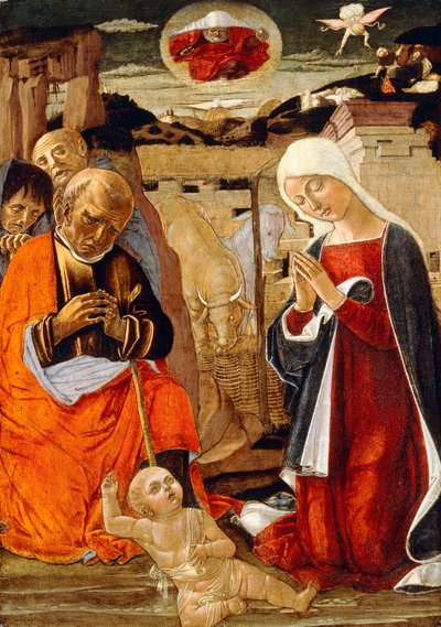 Die Geburt Christi, mit der Verkündigung an die Hirten im Hintergrund von Benvenuto di Giovanni