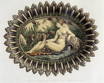 Die Nymphe von Fontainebleau - Keramikplatte, in „Das Werk von Bernard Palissy“ von C. Delange und C. Borneman, Paris von Bernard (after) Palissy