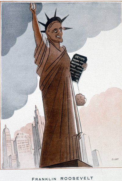 Karikatur von Franklin Roosevelt in der Freiheitsstatue - Illustration von Bernard Becan (Bernhard Kahn) (1890-1943) In „Fantasio“ vom 01.12.1932 von Bernard Becan