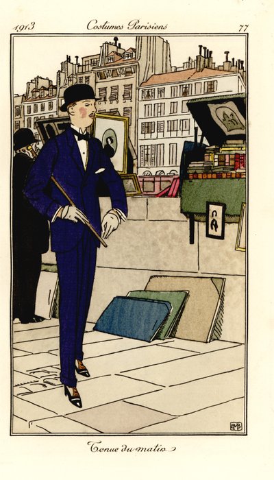 Mann im Anzug, Melone und Spazierstock geht an Bouquinisten an der Seine vorbei. Tenue du matin. Handkolorierte Pochoir (Schablonen) Radierung nach einer Illustration von Bernard Boutet de Monvel aus Tommaso Antonginis Journal des Dames et des Modes, Aux B von Bernard Boutet de Monvel