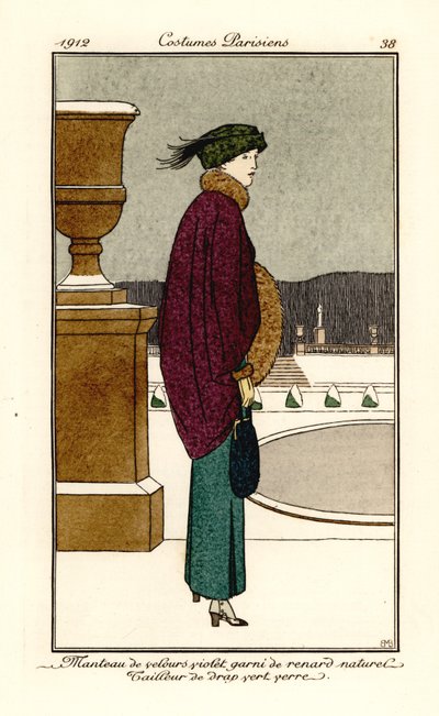 Frau im violetten Samtumhang mit Fuchspelzbesatz, Anzug aus flaschengrünem Wollstoff, Gamaschen. Handkolorierte Pochoir-Radierung nach einer Illustration von Bernard Boutet de Monvel von Bernard Boutet de Monvel