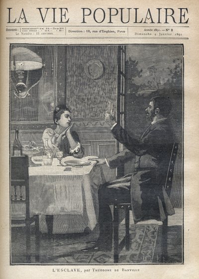 Eine Frau hört liebevoll und bewundernd der Rede des Mannes zu, der ihr bei einem Abendessen als Paar gegenübersitzt. Illustration von B. Borione von 