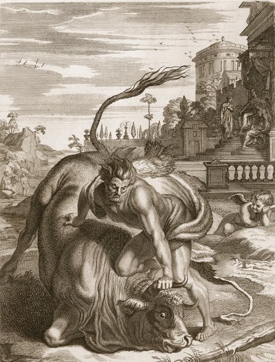Achelous in der Gestalt eines Stiers wird von Herkules besiegt, 1731 von Bernard Picart