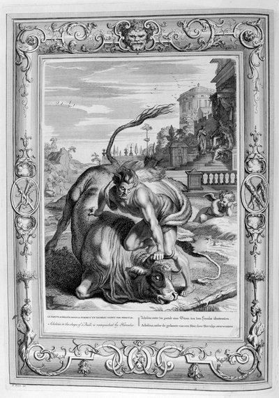 Achelous in Gestalt eines Stiers wird von Herkules besiegt, 1733 von Bernard Picart
