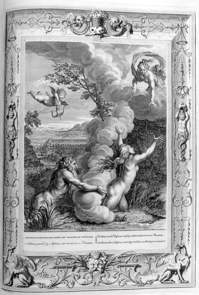 Arethusa verfolgt von Alpheus und in einen Brunnen verwandelt, 1733 von Bernard Picart