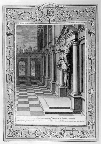 Iphis erhängt sich in Verzweiflung, dass er Anaxarete nicht gewinnen konnte, 1733 von Bernard Picart