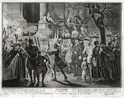 Judentum: der Weg, die Ehegatten des Gesetzes nach Hause zu führen - eine Darstellung der Prozession, mit der die Gemeinde beim Fest von Simchat Tora diejenigen ehrte, die ausgewählt wurden, um den letzten Abschnitt der Tora zu segnen und den anderen von Bernard Picart
